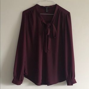 Forever 21 plum long sleeve blouse with neck tie